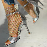 Studded Grid Mesh Open Toe Thin Heels Oshnow